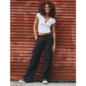 AE Dreamy Drape Baggy Wide Leg Pants Black 8 29W Mid Rise Stretch